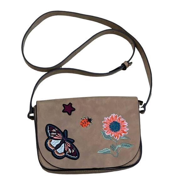 PARFOIS TAN BUTTERFLY FLORAL EMBROIDERED SHOULDER BAG NWOT - Picture 1 of 9
